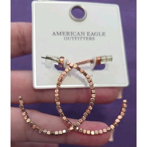 American Eagle Outfitters Open Hoop Earrings Square Rose Gold Tone Beads New - Picture 4 of 5